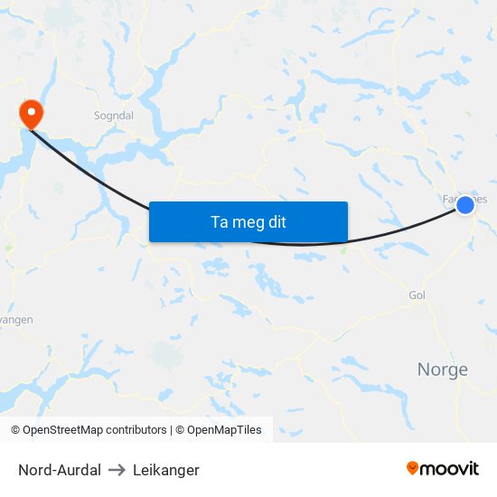 Nord-Aurdal to Leikanger map