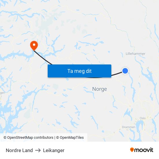 Nordre Land to Leikanger map