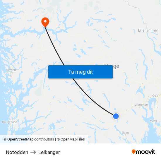 Notodden to Leikanger map