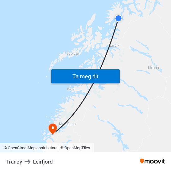 Tranøy to Leirfjord map