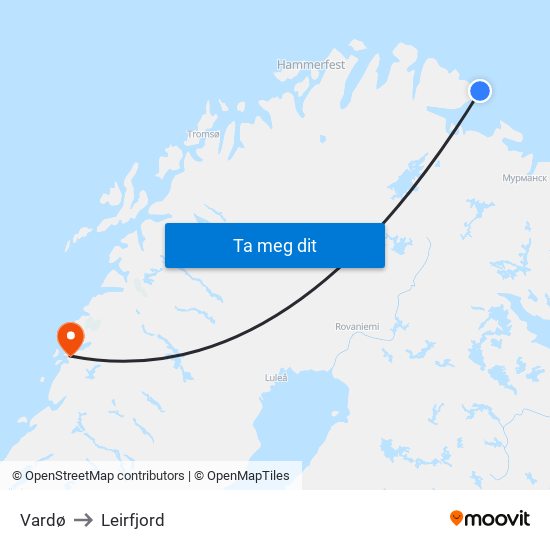 Vardø to Leirfjord map