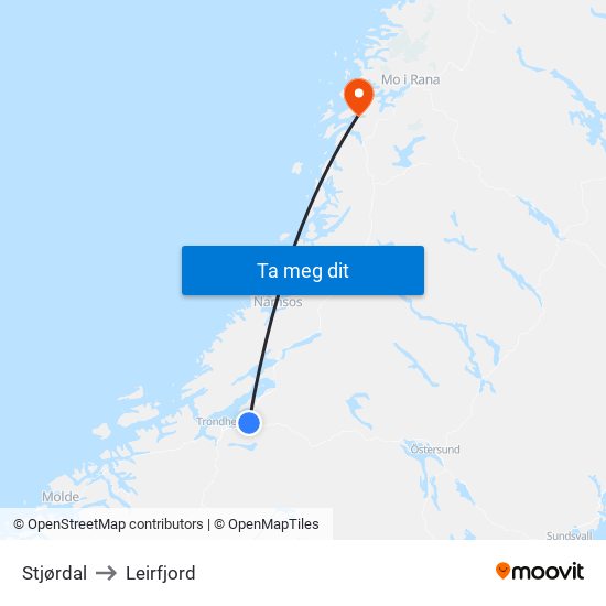 Stjørdal to Leirfjord map