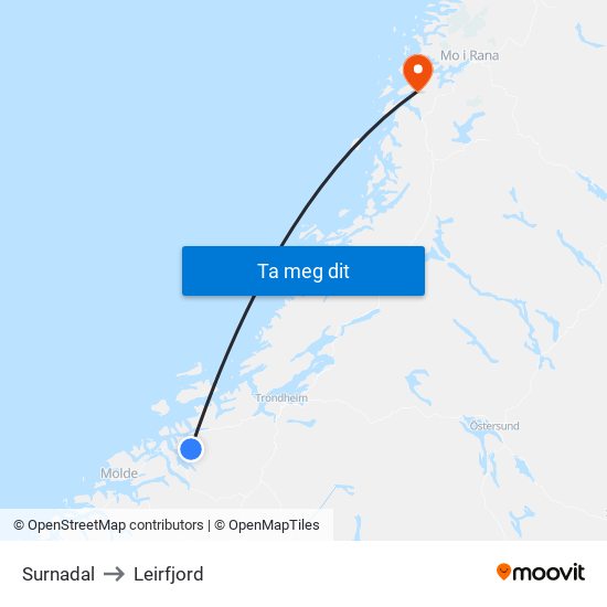 Surnadal to Leirfjord map