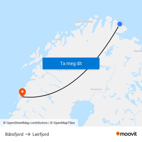 Båtsfjord to Leirfjord map