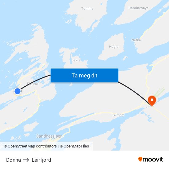 Dønna to Leirfjord map