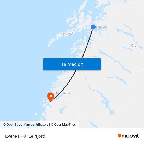 Evenes to Leirfjord map