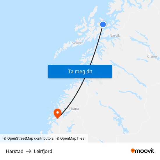 Harstad to Leirfjord map
