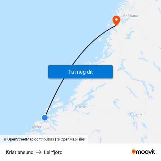 Kristiansund to Leirfjord map