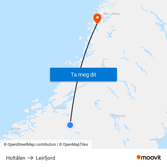 Holtålen to Leirfjord map