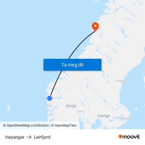 Høyanger to Leirfjord map