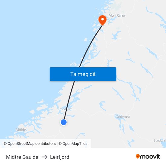 Midtre Gauldal to Leirfjord map