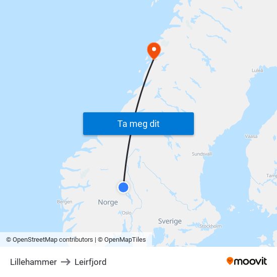 Lillehammer to Leirfjord map