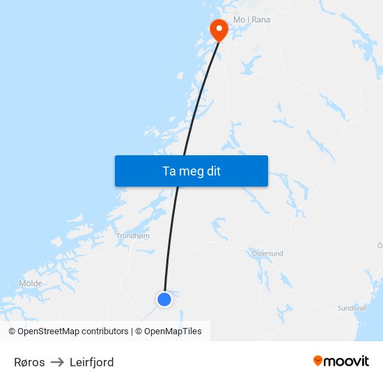 Røros to Leirfjord map