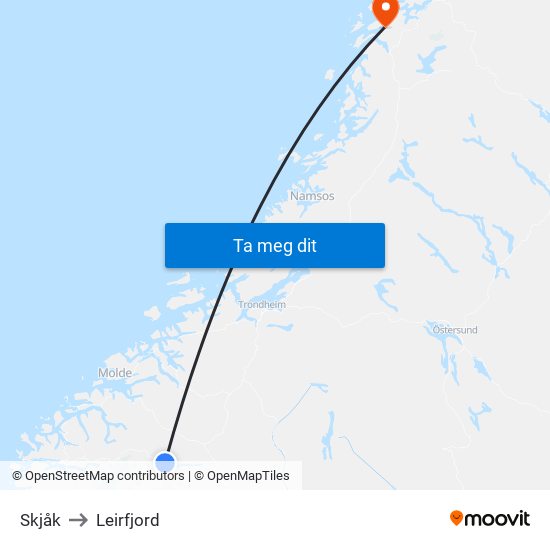 Skjåk to Leirfjord map