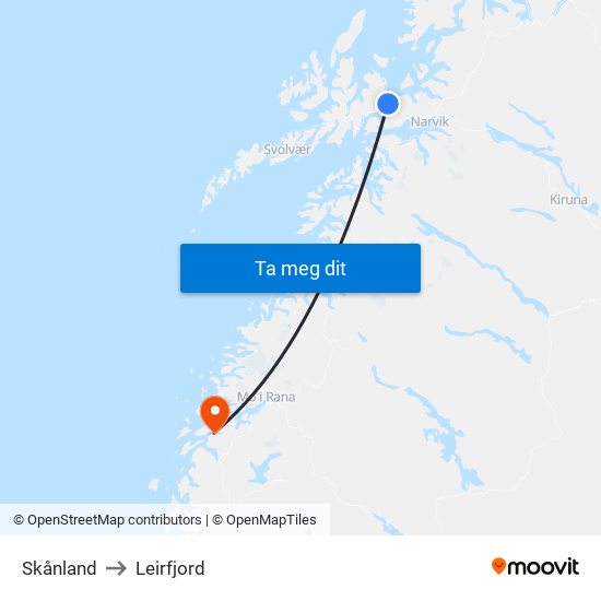 Skånland to Leirfjord map