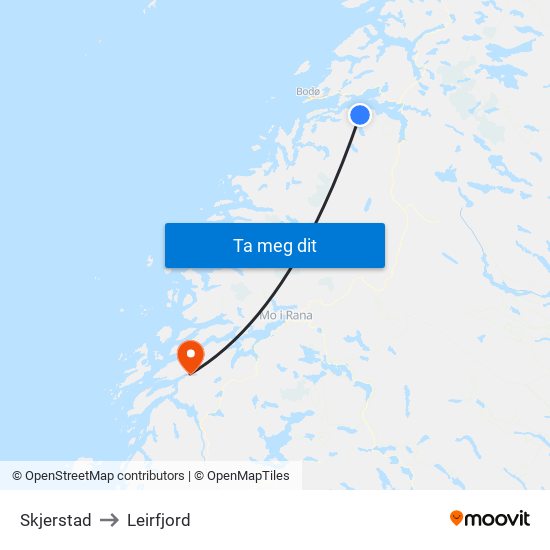 Skjerstad to Leirfjord map