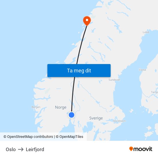 Oslo to Leirfjord map