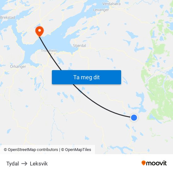 Tydal to Leksvik map