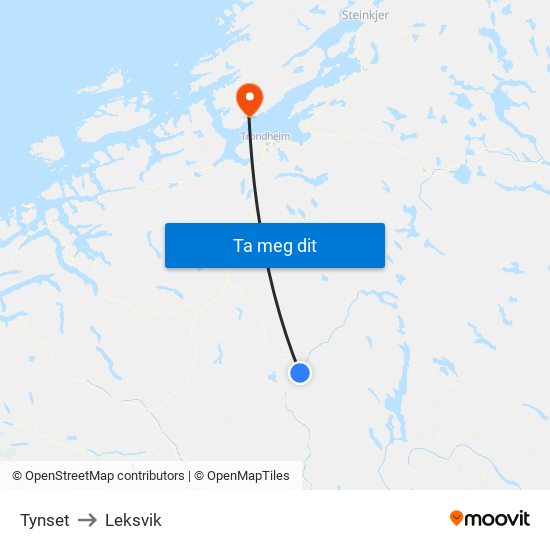 Tynset to Leksvik map