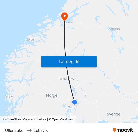 Ullensaker to Leksvik map