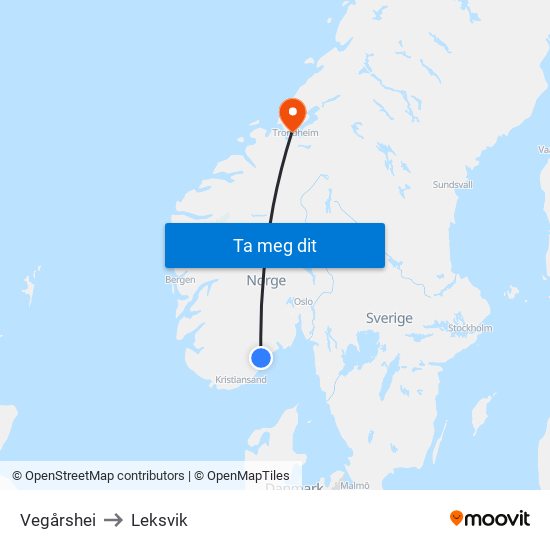 Vegårshei to Leksvik map