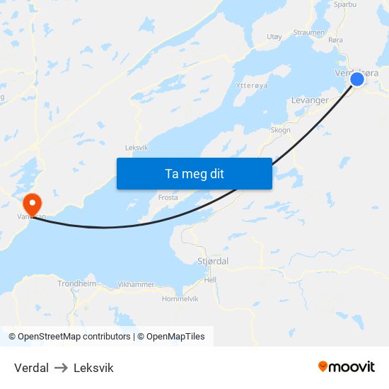 Verdal to Leksvik map