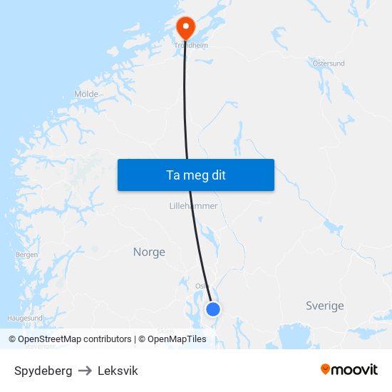 Spydeberg to Leksvik map