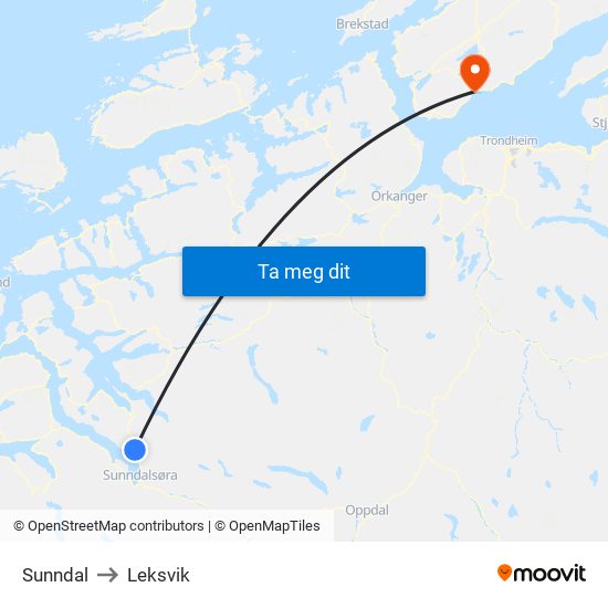 Sunndal to Leksvik map