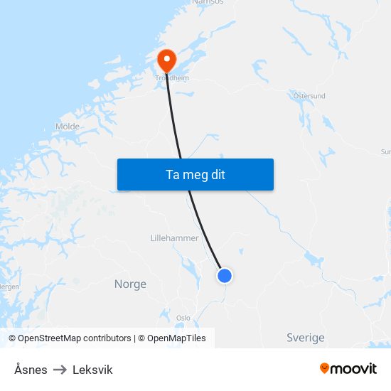 Åsnes to Leksvik map