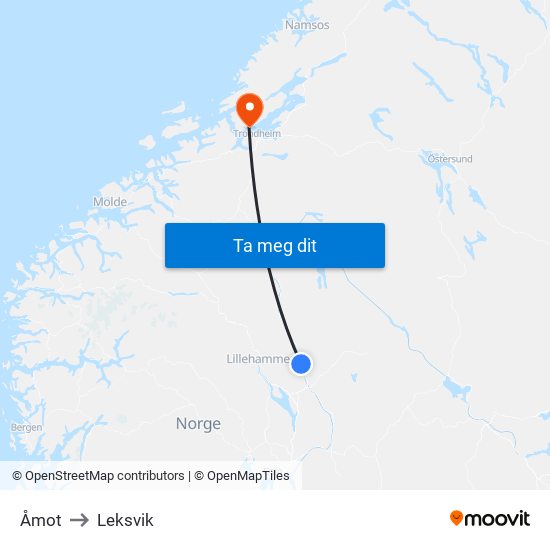 Åmot to Leksvik map