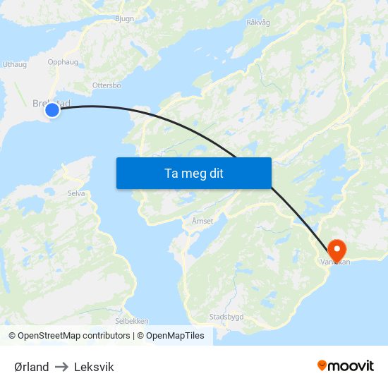 Ørland to Leksvik map