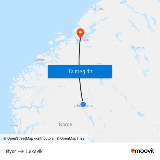 Øyer to Leksvik map