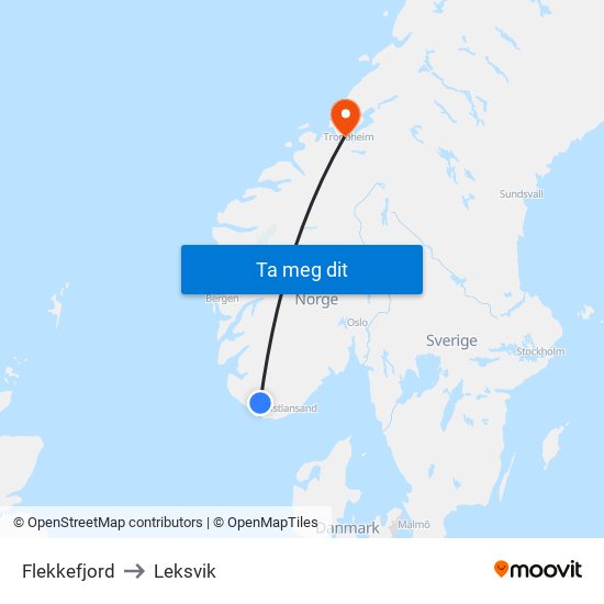 Flekkefjord to Leksvik map