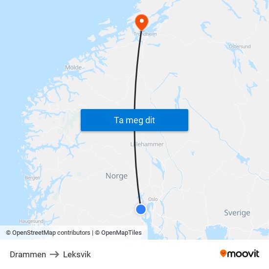 Drammen to Leksvik map