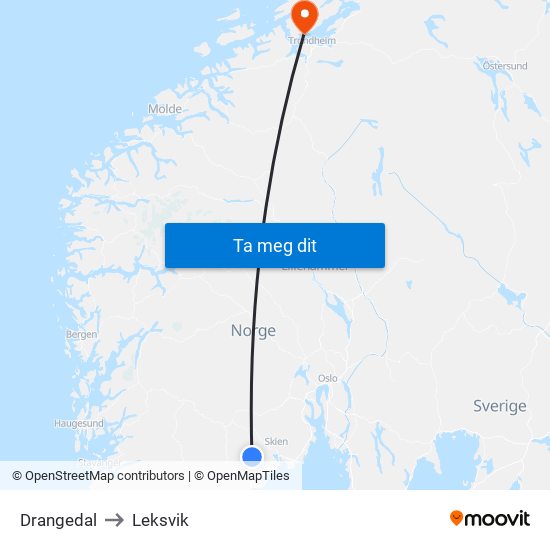 Drangedal to Leksvik map