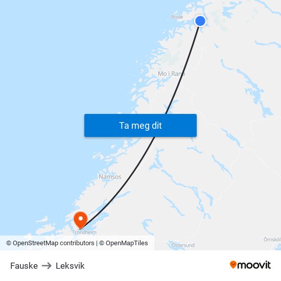 Fauske to Leksvik map