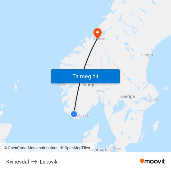 Kvinesdal to Leksvik map