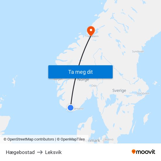 Hægebostad to Leksvik map