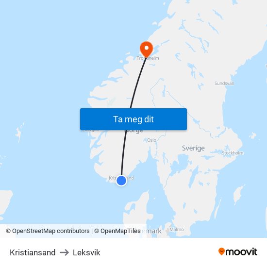 Kristiansand to Leksvik map