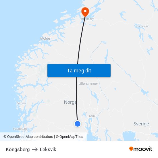 Kongsberg to Leksvik map