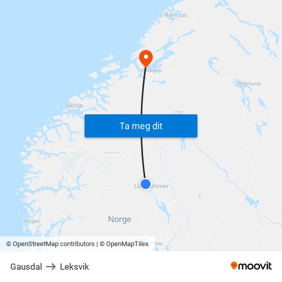 Gausdal to Leksvik map