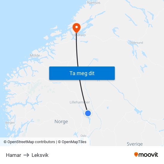Hamar to Leksvik map