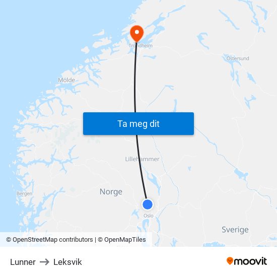 Lunner to Leksvik map