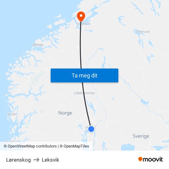 Lørenskog to Leksvik map