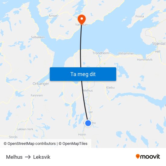 Melhus to Leksvik map