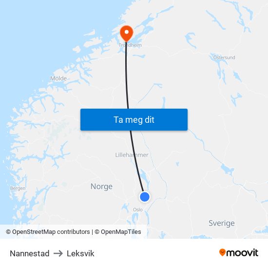 Nannestad to Leksvik map