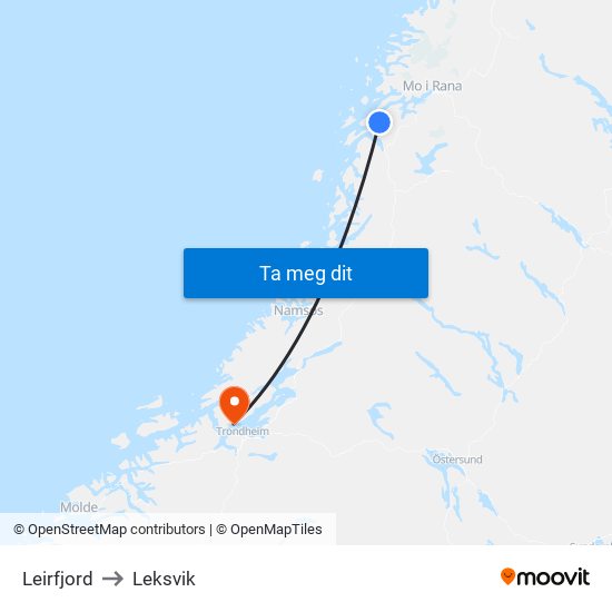 Leirfjord to Leksvik map