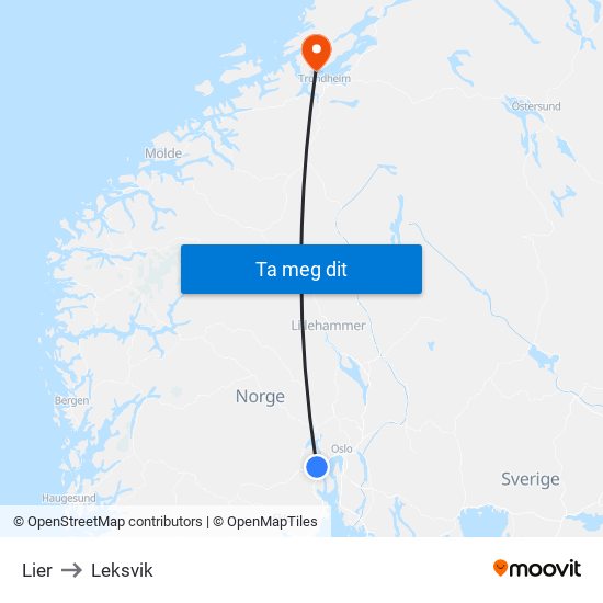 Lier to Leksvik map