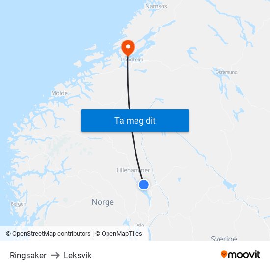 Ringsaker to Leksvik map