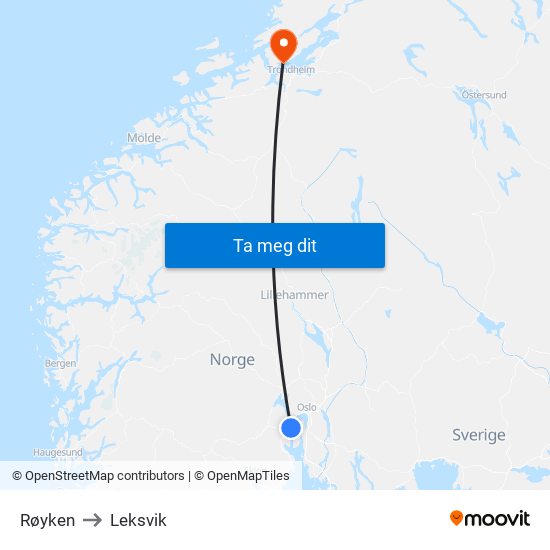 Røyken to Leksvik map